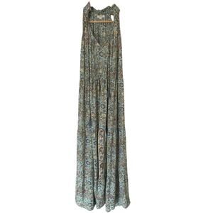 PAANI Halter Tiered Boho Maxi Dress Light Teal Floral Metallic Print, Size Small